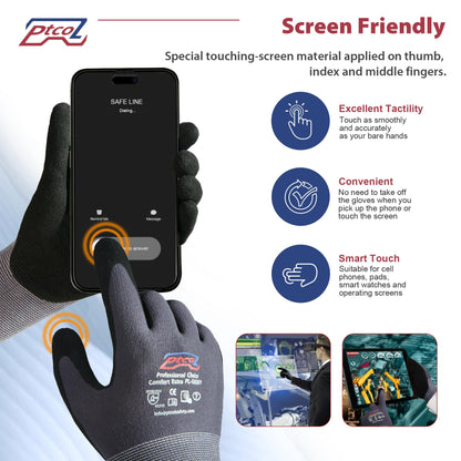 PTCOL Safety Work Gloves Micro-Foam Nitrile Coated-6 Pairs, Seamless Knit Touchscreen Nylon Gloves, with Black Nitrile Grip, for Warehouse, Home Improvement, Automotive, Construction (XX-Large)
