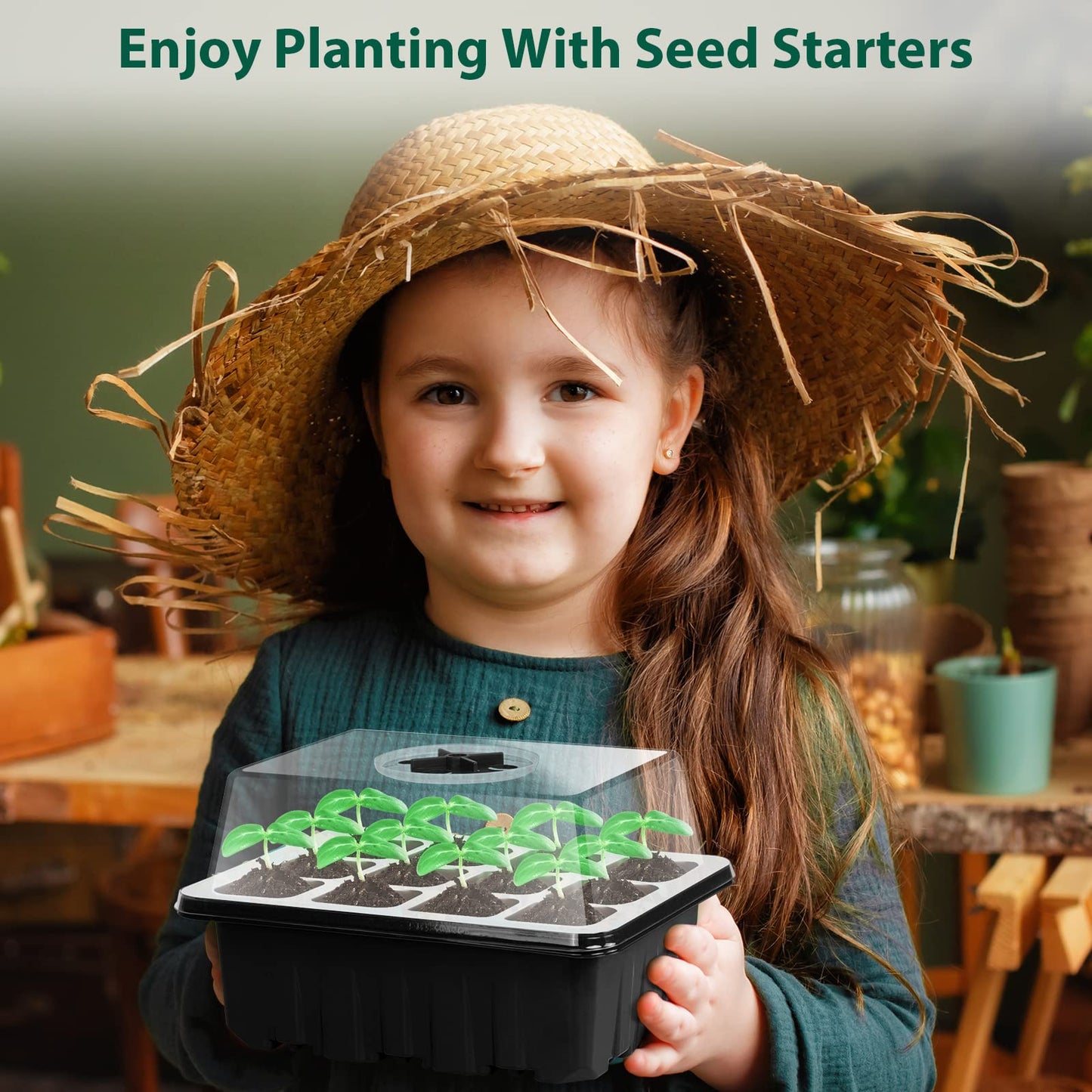Sfee 10 Pack Seed Starter Tray Kit, 120 Cells Seedling Starter Trays with Humidity Dome and Base Greenhouse Growing Trays, Reusable Seed Germination Seedling Tray with Garden Tools Labels (Black)