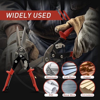 HOUSERAN 12 Inch Aviation Snips, Long Straight Cut Tin Snips, Heavy Duty CR-MO Metal Cutter with Double Lever, Scale Markings & Safety Lock, Shears Scissors for Cutting Metal Sheet