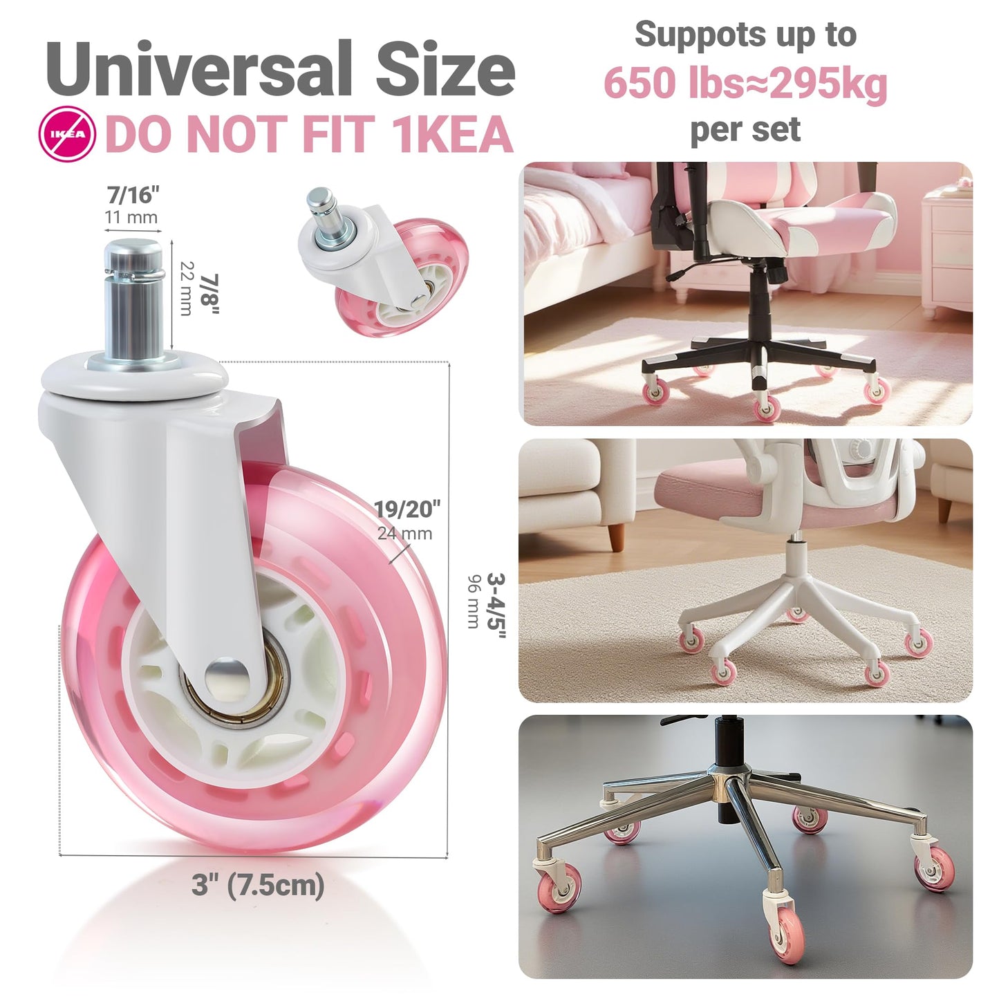Pink Office Chair Caster Wheels Set of 5, 3 Inch Heavy-Duty Rubber Chair Casters Replacement, Computer Gaming Desk Caster Wheels Smooth Rolling for Hardwood Carpet Tile Floors, 11 * 22mm Universal fit