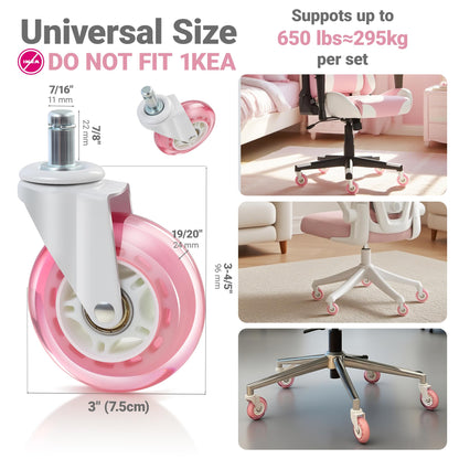 Pink Office Chair Caster Wheels Set of 5, 3 Inch Heavy-Duty Rubber Chair Casters Replacement, Computer Gaming Desk Caster Wheels Smooth Rolling for Hardwood Carpet Tile Floors, 11 * 22mm Universal fit