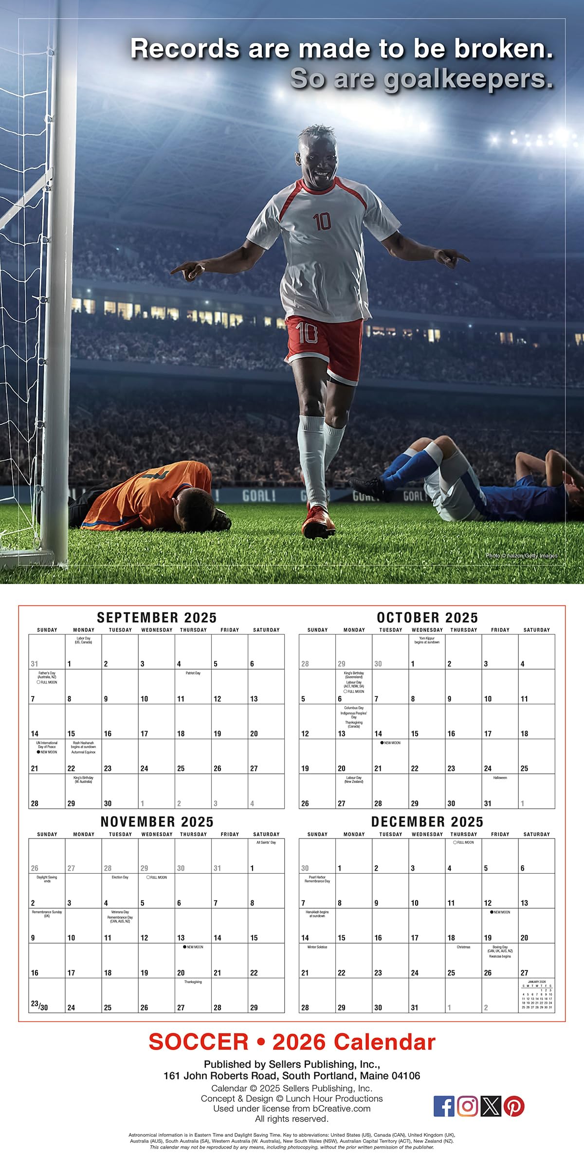 Soccer 2026 Wall Calendar, 16-Months Sports Calendar, 12" x 12"