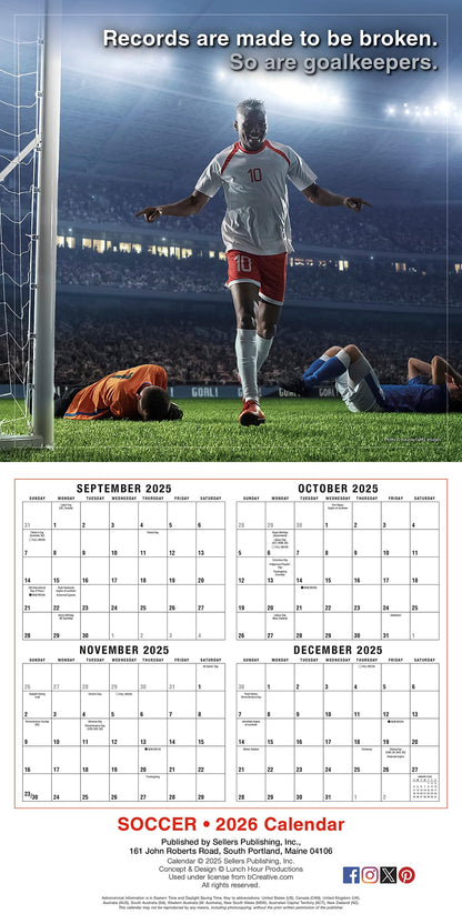 Soccer 2026 Wall Calendar, 16-Months Sports Calendar, 12" x 12"