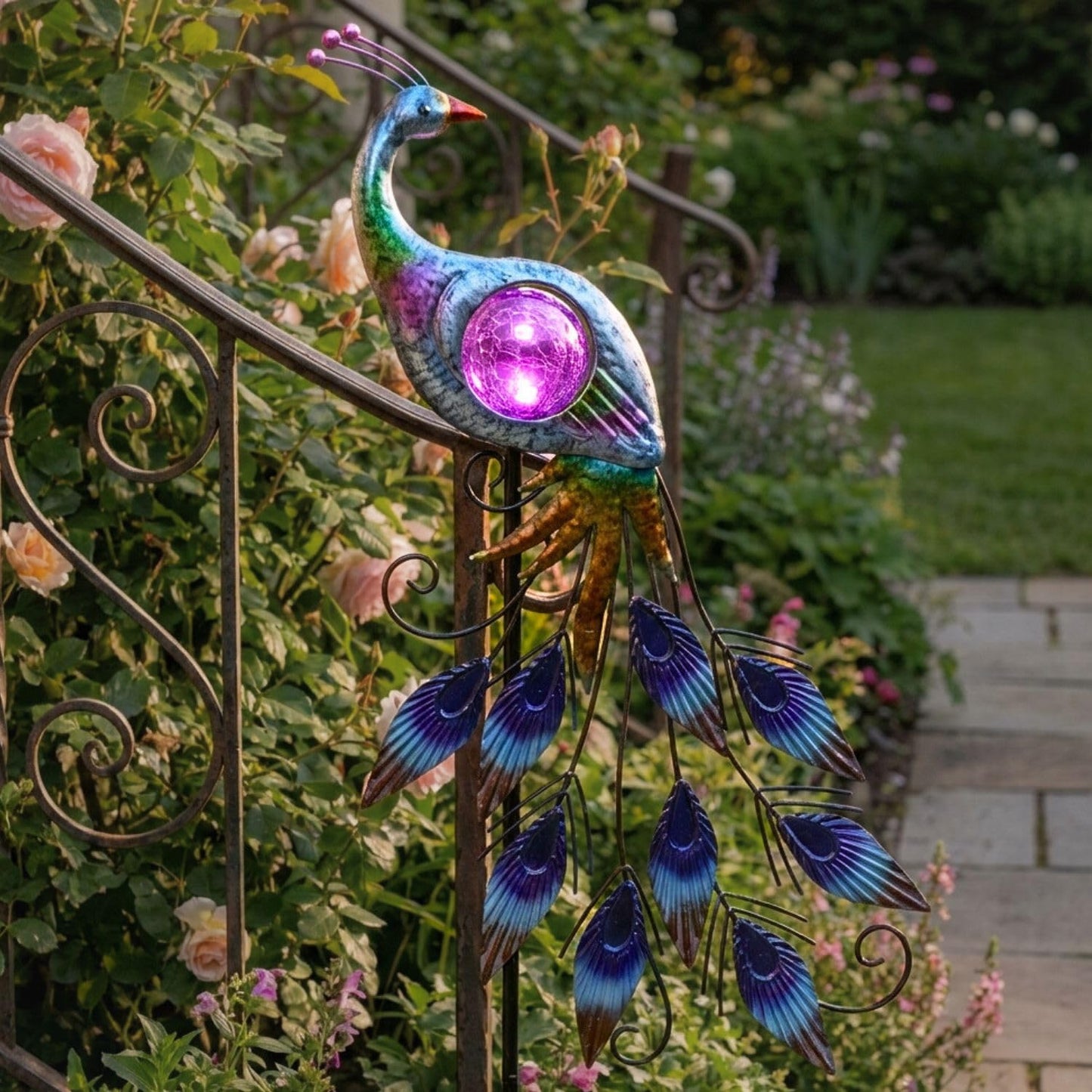 TERESA'S COLLECTIONS Peacock Solar Outdoor Light, 24'' Metal Lawn Ornaments with Crackle Glass Ball, Decorative Stake for Garden Decor