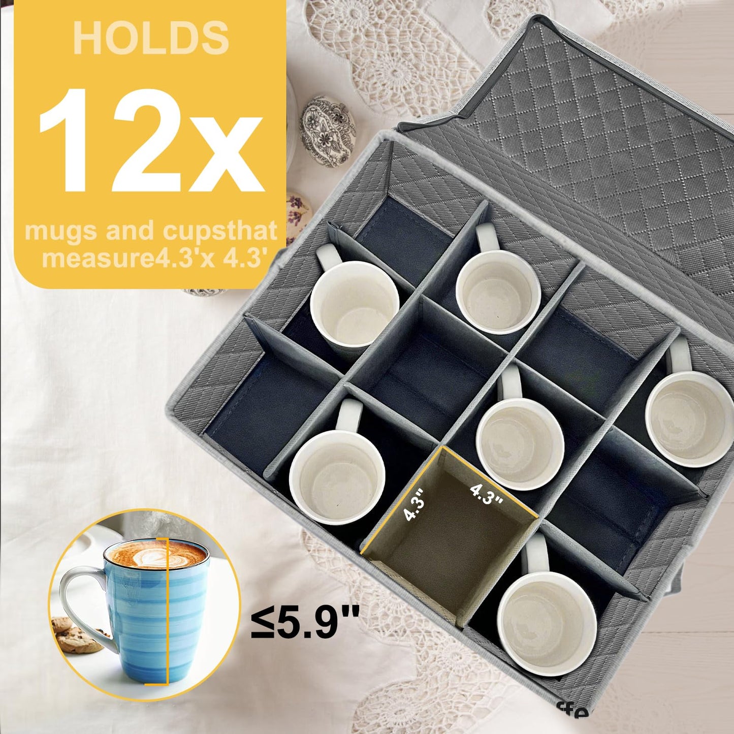 Coffee Mug Storage Box with Dividers, Durable China Storage Containers for Coffee Mugs, Tea Cups Storage Organizer with Lid, Handles, Label Window, Holds 12 Mugs, Hard Shell and Stackable