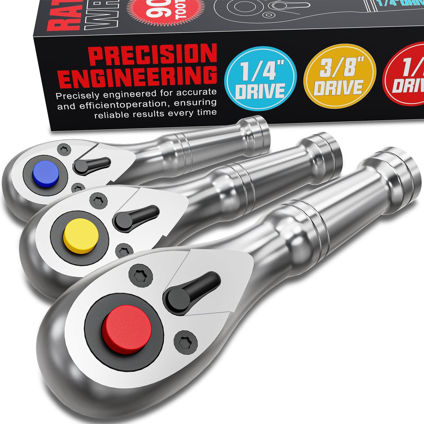 Arwealxs 3-Piece Stubby Ratchet Set, 1/4", 3/8", 1/2" Drive Ratchet Handle, 9cm, 10.5cm, 13.5cm Ratchet Wrench, 72-Tooth Quick-Release, Full Polished, for Auto Repair, Mechanical Repair