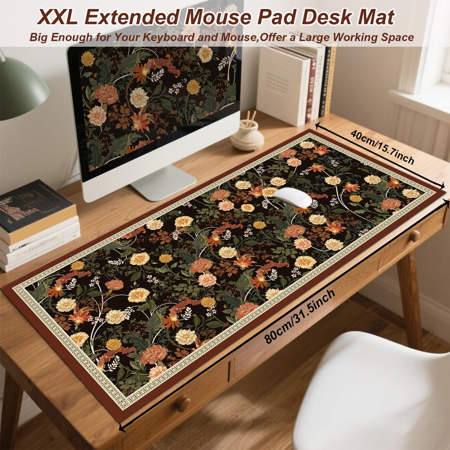 Desk Pad, ZAXOXAZ PU Leather Desk Pad Protector, 31.5" x 15.7" XXL Large Extended Flowers Mouse Pad, Big Desk Mat Floral Desk Blotter, Waterproof Desk Writing Pad for Office and Home
