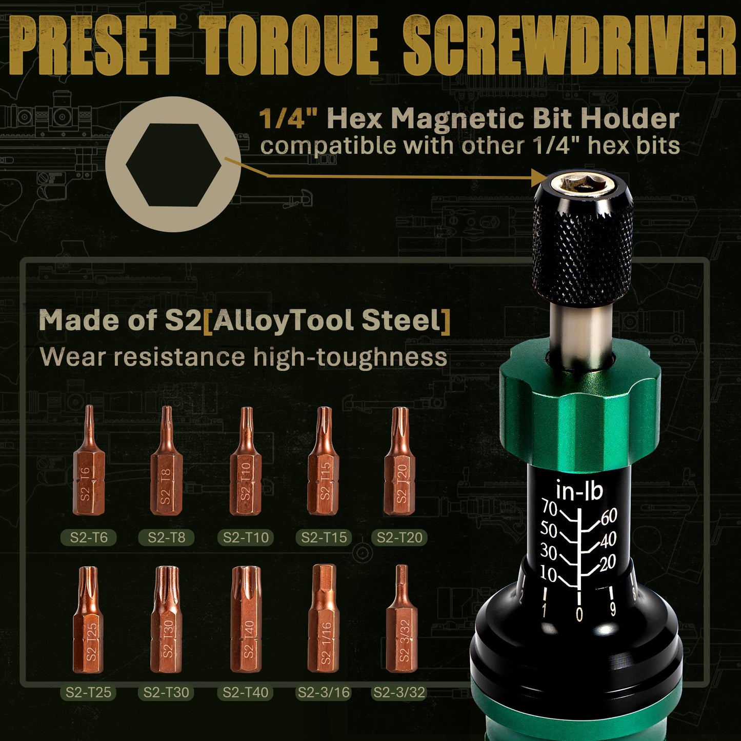 UUT Wrench scewdriver, Torque Screwdriver, Preset Adjustable Click Torque Screwdriver, Inch Pound Precision Screwdriver Set with S2 Bits, Storage Case, 1/4 Inch Drive, 10–70 in.lb.