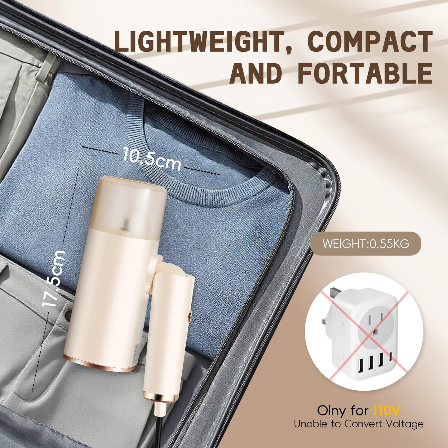 1500W Portable Steamer for Clothes - Foldable Compact Travel Steamer with 168ml Tank, Small Handheld Garment Steamers Iron with Brush for Home, Travel, Dorm Essential, 110V Only, Not for Europe
