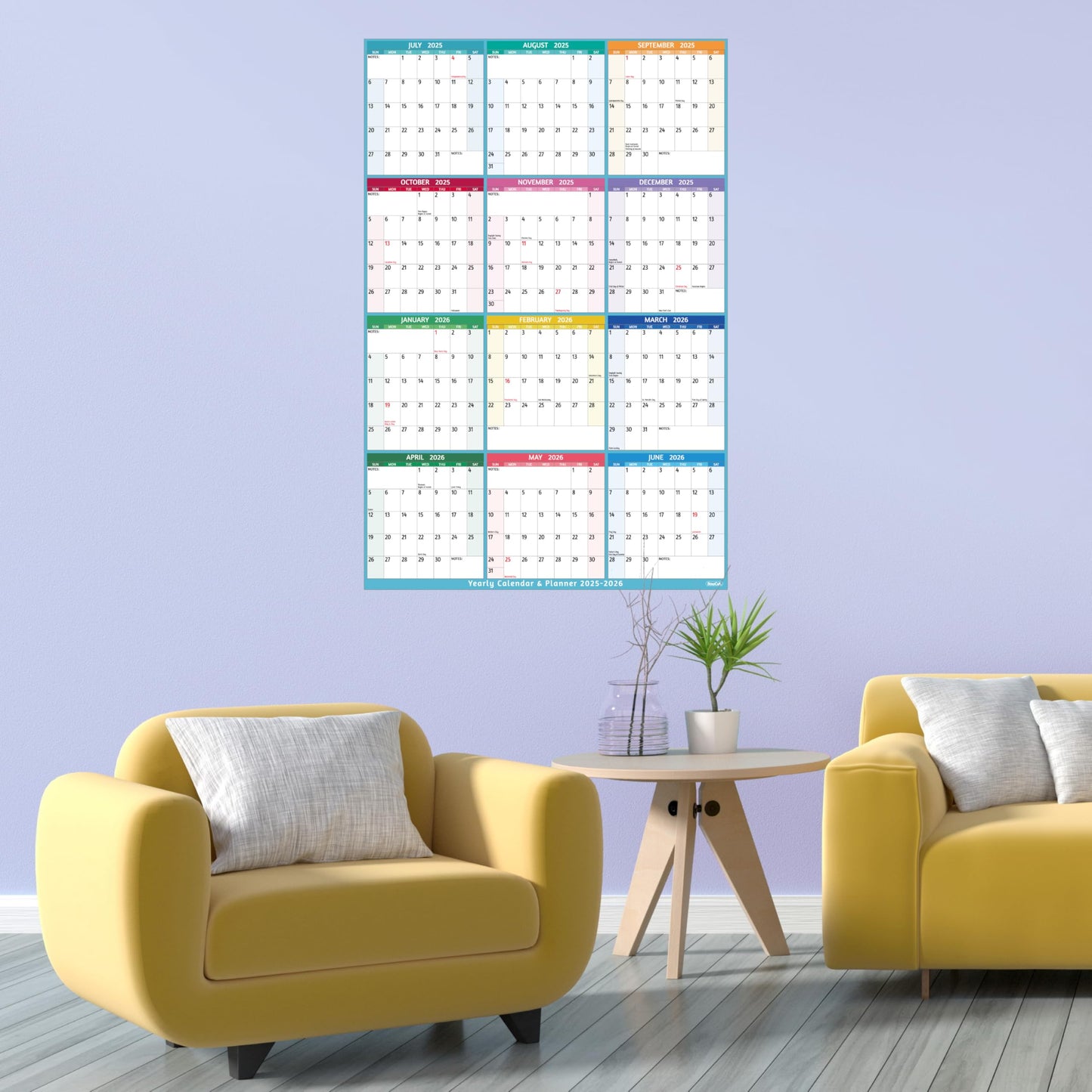 Yearly Wall Calendar 2025-2026 - Large Yearly Calendar Vertical, Jul 2025 - Jun 2026, 25.2" x 38.2" (Open), Calendar 2025-2026, Large Wall Calendar, Full Year Paper Calendar with Notes, Thicker Paper