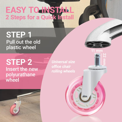 Pink Office Chair Caster Wheels Set of 5, 3 Inch Heavy-Duty Rubber Chair Casters Replacement, Computer Gaming Desk Caster Wheels Smooth Rolling for Hardwood Carpet Tile Floors, 11 * 22mm Universal fit