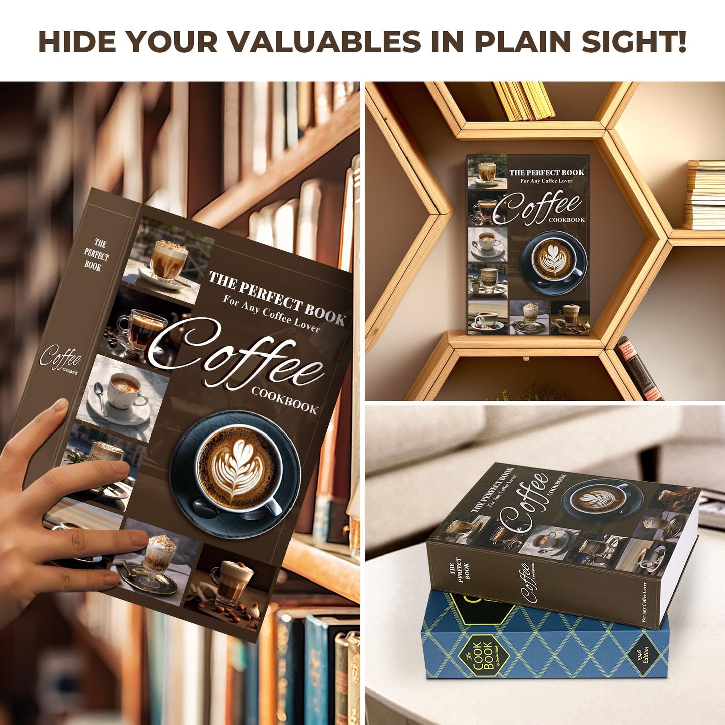 Book Safe with Combination Lock, Hidden Safe (9.5 x 6.2 x 2.2 Inch) with Fireproof Bag, Secret Diversion Safe, Hollow Book Box Hidden Storage, Money Safe Box for Cash (COFFEE)