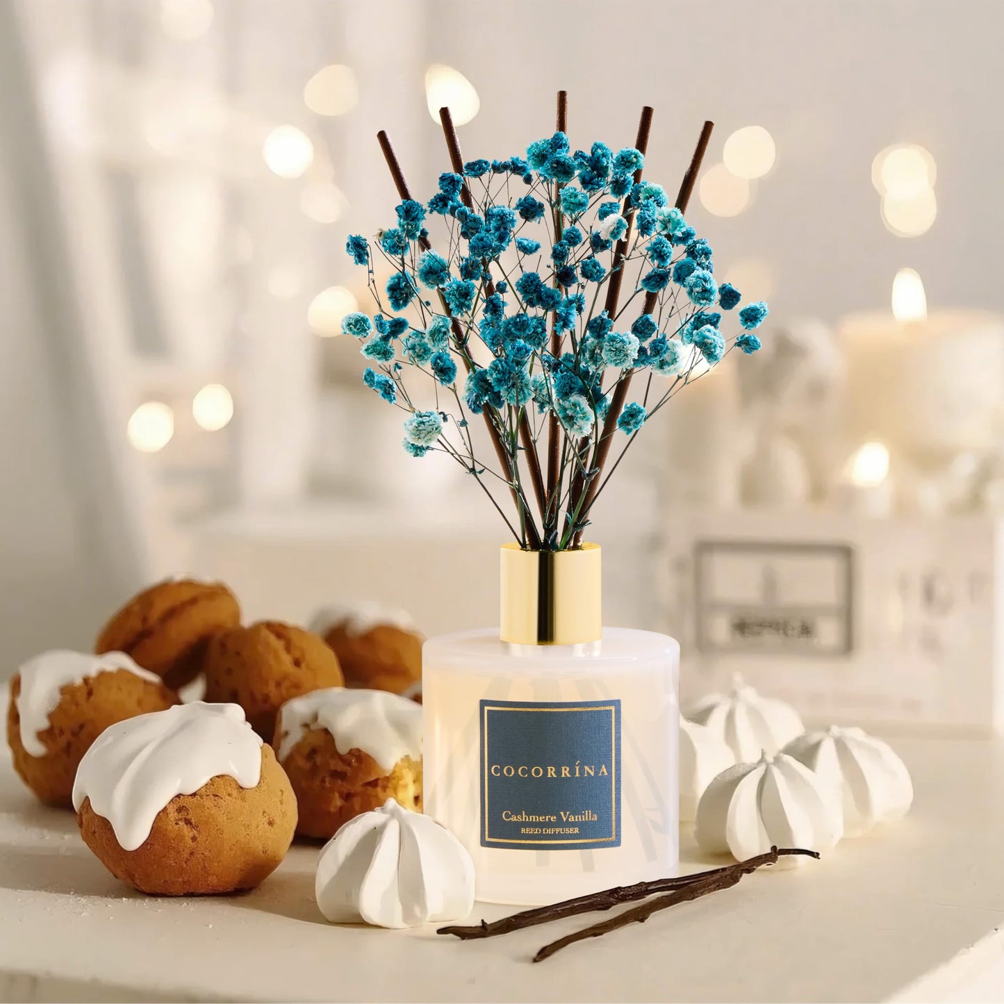 Cocorrína Premium Reed Diffuser Set with Preserved Baby's Breath & Cotton Stick Cashmere Vanilla | 6.7oz Scent Fragrance Oil Diffuser for Bedroom Bathroom Home Décor
