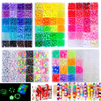 SJZWSD 5 Boxes Bracelet Making Kit Pony Beads, 6x9mm Kandi Rave Beads & Hair Beads Set with UV Color Changing, Glow-in-Dark, Chrome & Alphabet Letters for Friendship Jewelry DIY Crafts