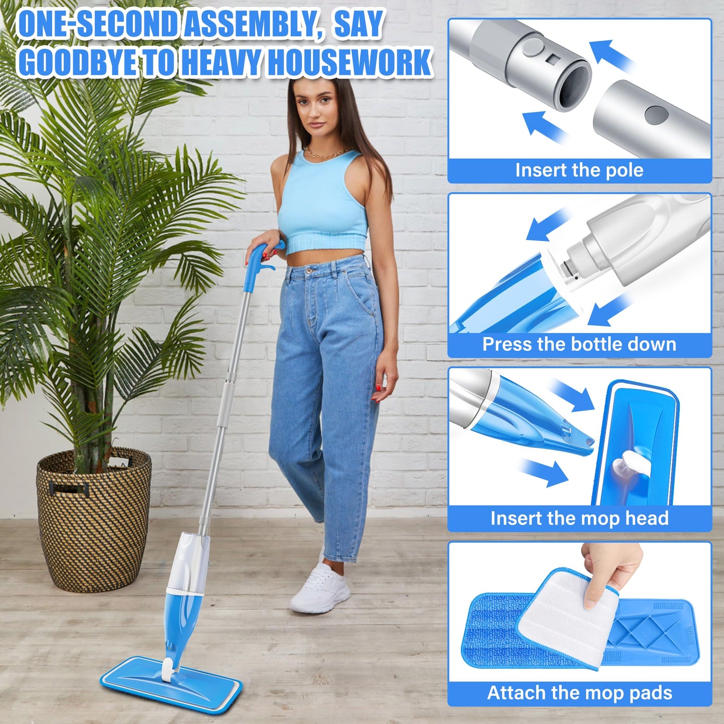 Microfibre Spray Wet Mops with 4X Washable Reusable Pads - EXEGO Dust Dry Mop for Hard Floors Wood Floor Flat Mop with Spray for Tile Vinyl Laminate Wood Ceramic Hardwood Floors Cleaning