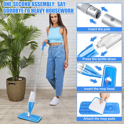 Microfibre Spray Wet Mops with 4X Washable Reusable Pads - EXEGO Dust Dry Mop for Hard Floors Wood Floor Flat Mop with Spray for Tile Vinyl Laminate Wood Ceramic Hardwood Floors Cleaning
