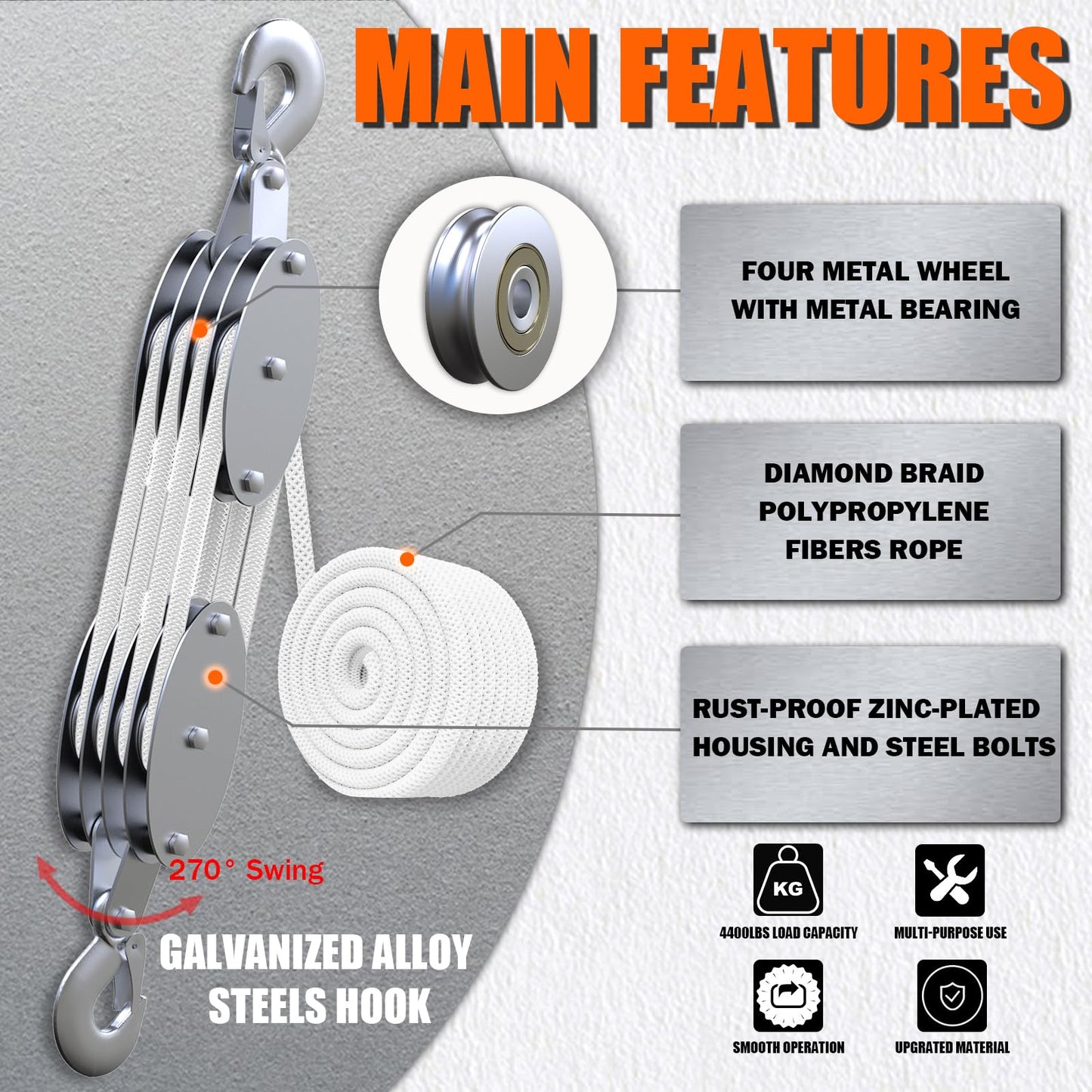 Upgraded Rope Pulley Hoist 4400 LB, 8:1 Lifting Power Pulley Block and Tackle System, Pulley Block 2200LB Loading Capacity, 65ft Heavy Duty Rope Hoist for Hunting Garage Warehouse