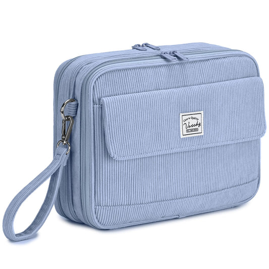 Colored Pencil Case,Vaschy Corduroy Large Pencil Pouch for Art Pens Markers Gel Pens Big Holder Organizer Fits 192 Pencils for Girls Women Light Blue