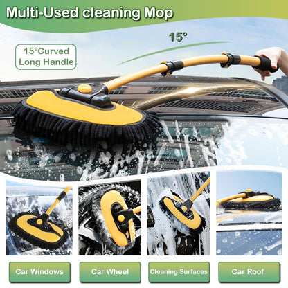 43" Car Wash Brush with Long Handle, Car Wash Mop with 2 Replaceable Microfiber Head, 15° Telescopic Curved Microfiber Cleaning Mop Car Washing Kit for RV Truck Camper Automotive Broom Accessories
