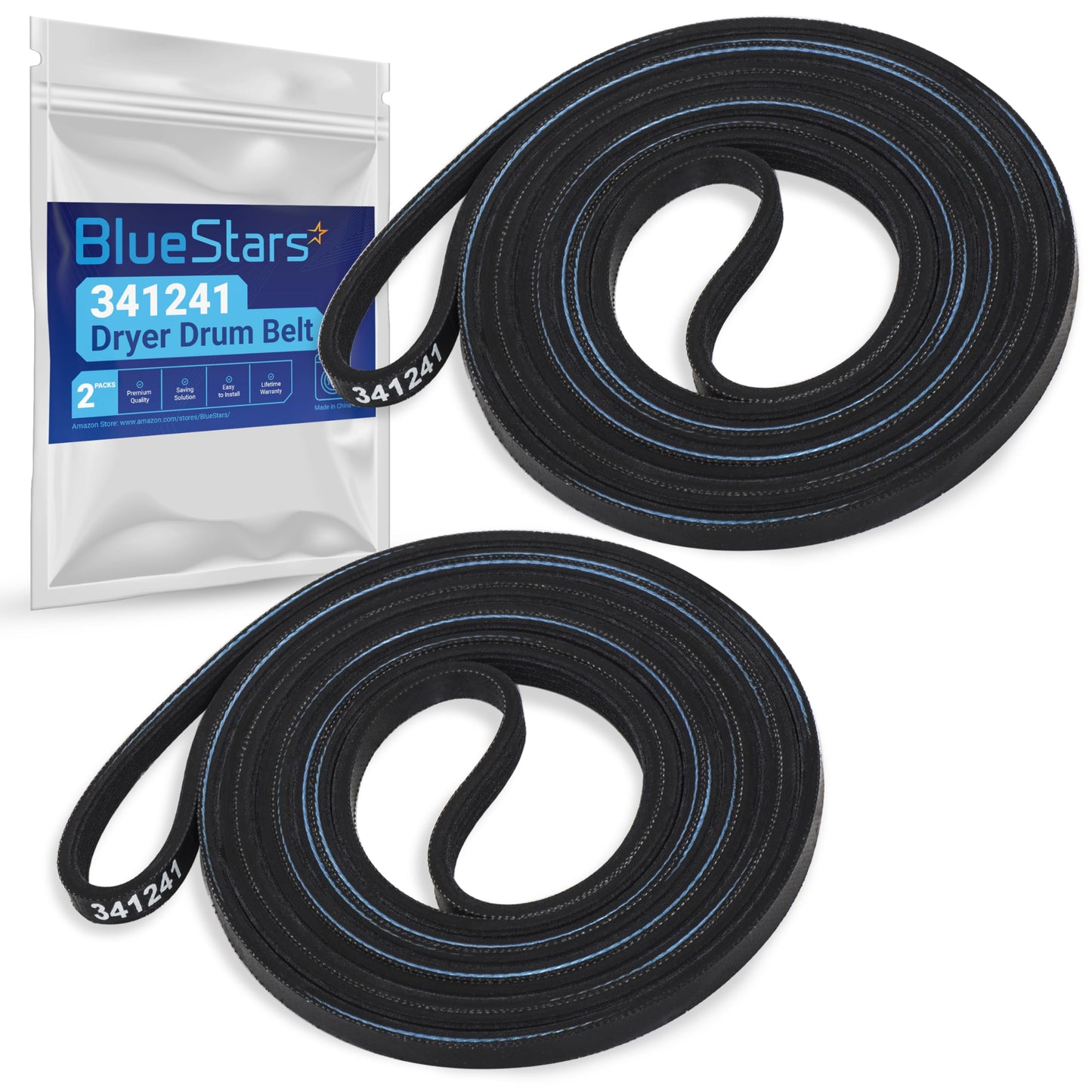 Ultra Durable 341241 Dryer Drum Belt Replacement Part by BlueStars - for Whirlpool Kenmore Dryers - Replaces 8066065 AP2946843 W10127457 PS346995 14210003 31531589 31001026 3394651 529597 - Pack of 2