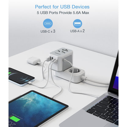 TESSAN Universal Travel Adapter, 6 in 1 International Plug Adapter, Worldwide Power Adaptor with 5 USB Ports (3 USB C), Travel Essentials for Canada to Europe UK Australia France Germany