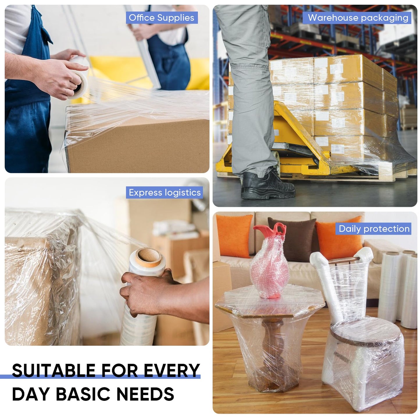 15 Inch Stretch Wrap - 500 Feet | 60 Gauge, 1 Roll Clear Plastic Wrap for Moving Self-adhering, Thick and Sturdy Packing Moving Supplies Heavy Duty Shrink Film