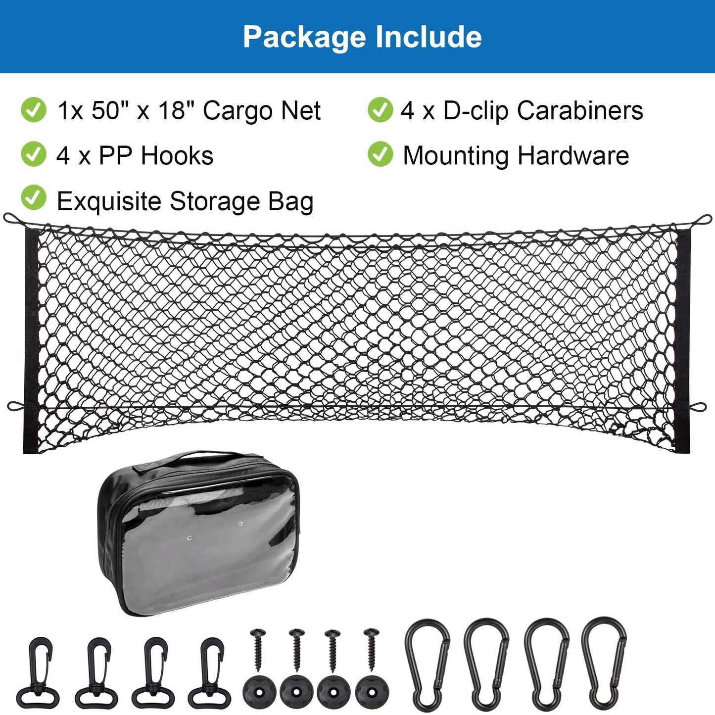 Cargo Net for Pickup Bed, Fit for Ford F150/F250, Chevy Silverado, GMC Sierra, 18"x50" Heavy Duty Elastic Cargo Organizer