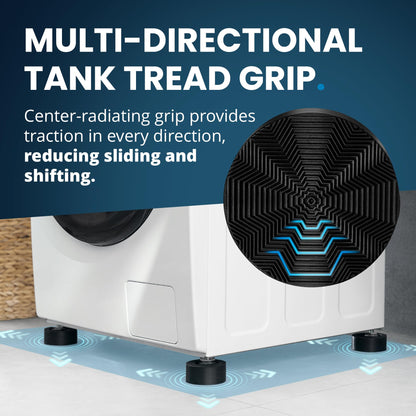 Anti Vibration Pads for Washing Machine with Tank Tread Grip | 4 Pack + Level | Fits Most Round Feet up to 1.75” | Stops Washer Dryer from Moving | Rubber Antivibration Stabilizer for Leveling Washer