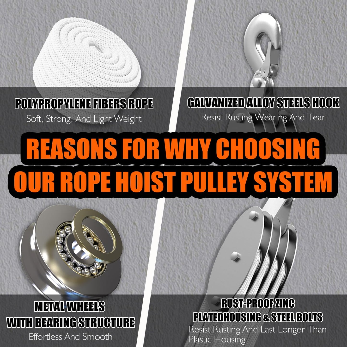 Upgraded Rope Pulley Hoist 4400 LB, 8:1 Lifting Power Pulley Block and Tackle System, Pulley Block 2200LB Loading Capacity, 65ft Heavy Duty Rope Hoist for Hunting Garage Warehouse