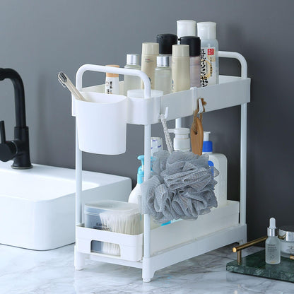 2 Pack Under Sink Organizer for Efficiently Utilizing Space, 2 Tier Bathroom Cabinet Organizers and Storage, Multi-purpose Kitchen Organizer and Storage with Hooks and Cups(White)