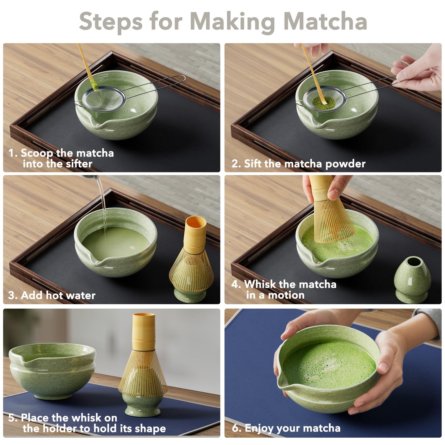 7 Pcs Matcha Whisk Set, Perfect Matcha Kit for Matcha Lovers Includes Ceramic Bowl, Bamboo Whisk, Holder, Scoop, Sifter & Cloth
