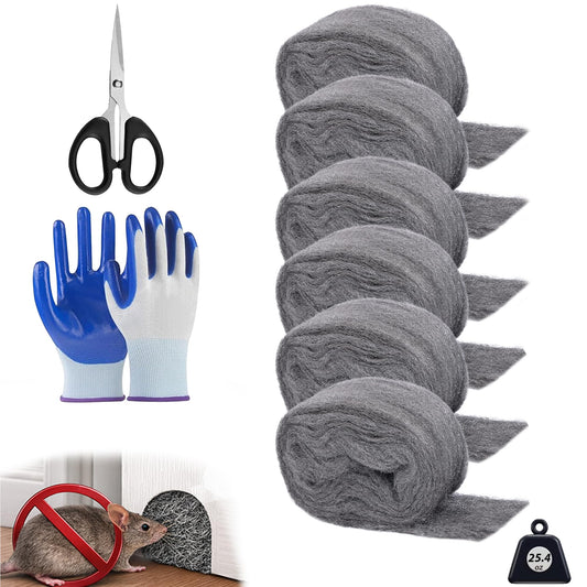 DEMIBAZ Steel Wool Mice Repellent - 6 Rolls of Steel Wool (14ft x 3.1in, Coarse Grade #3), Scissors & Glove - Keep Mice Away from Holes,Siding,Pipeline,Vents in Garden House & Garage