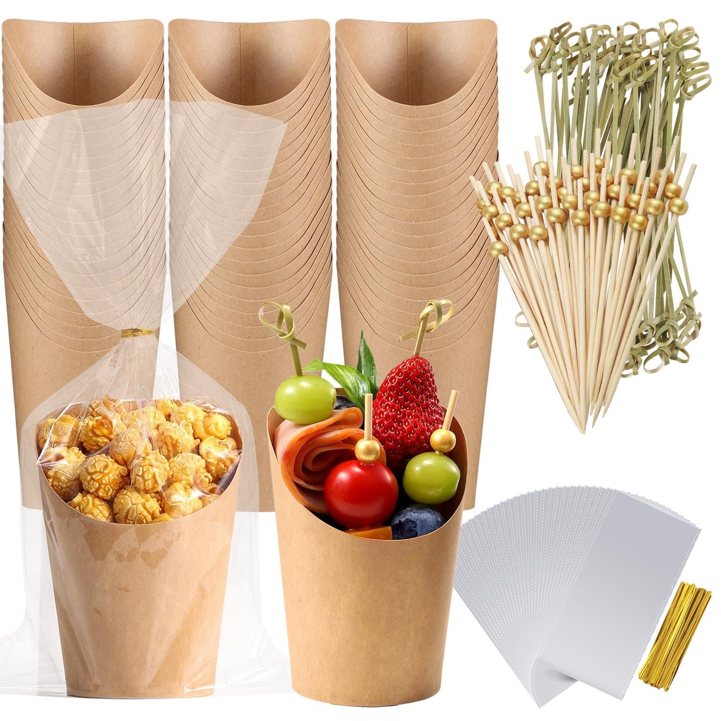 60 Pack Charcuterie Cups with Skewers & Bags, 14 oz Kraft Paper Snack Boxes with Cocktail Picks, Individual French Fry Holder, Appetizer Boards Accessories [60 Cups + 200 Sticks + 60 Bags] Brown