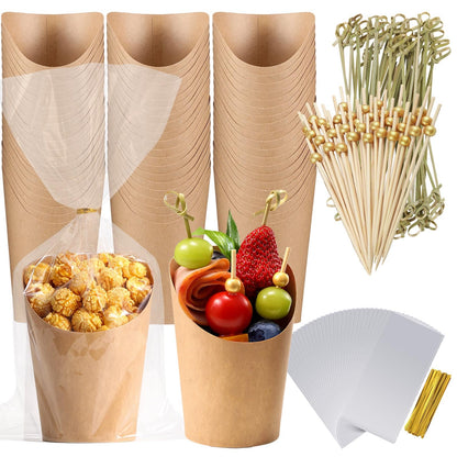 60 Pack Charcuterie Cups with Skewers & Bags, 14 oz Kraft Paper Snack Boxes with Cocktail Picks, Individual French Fry Holder, Appetizer Boards Accessories [60 Cups + 200 Sticks + 60 Bags] Brown