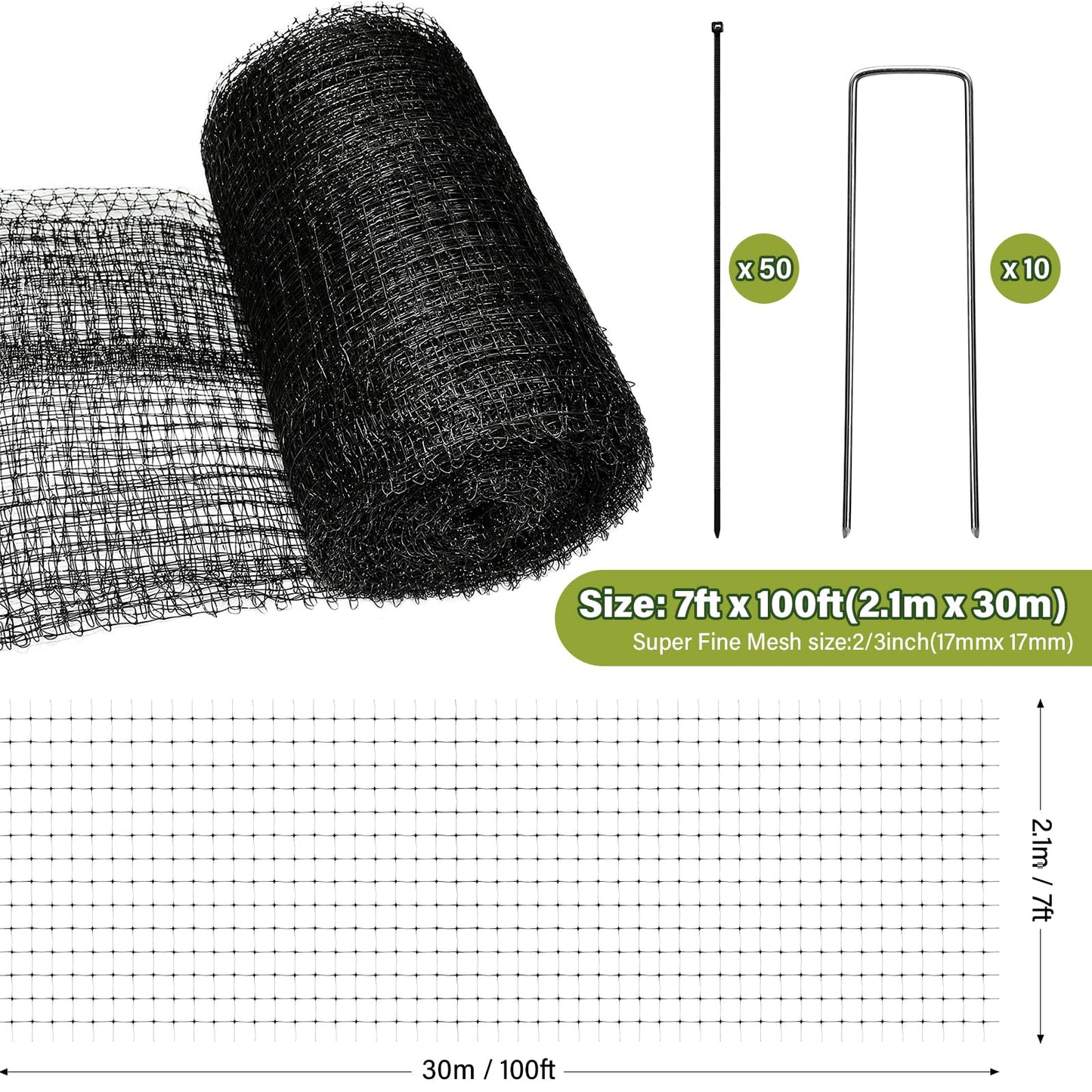 BEAUGIREW Garden Netting 7 x 100 ft Durable Bird Netting for Garden Heavy Duty Wire Mesh Net Fencing Protect Plants Fruits Trees from Birds Deer Poultry with 50 x Mounting Straps and 10 x Spikes