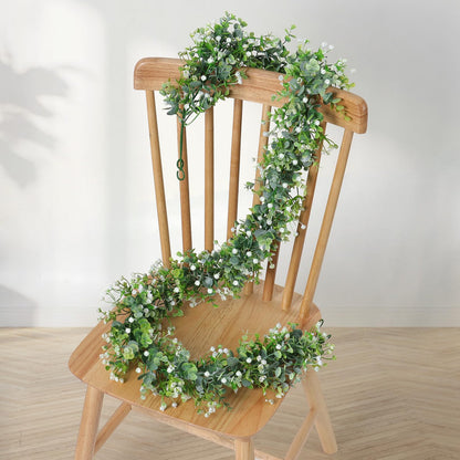 SOMYTING Artificial Eucalyptus Garland with White Flowers, 2 Packs 6Ft Artificial Greenery Garland Fake Hanging Flower Garland Plant Artificial Vines for Wedding Backdrop Arch Wall Table Decor