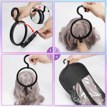 6 Pcs Wig Bags Storage with Wig Hanger Dust-proof for Multiple Wigs Hanging Storage Bags Organizer Foldable Easy Carry Suitable for Home Travel Hair Salon Black