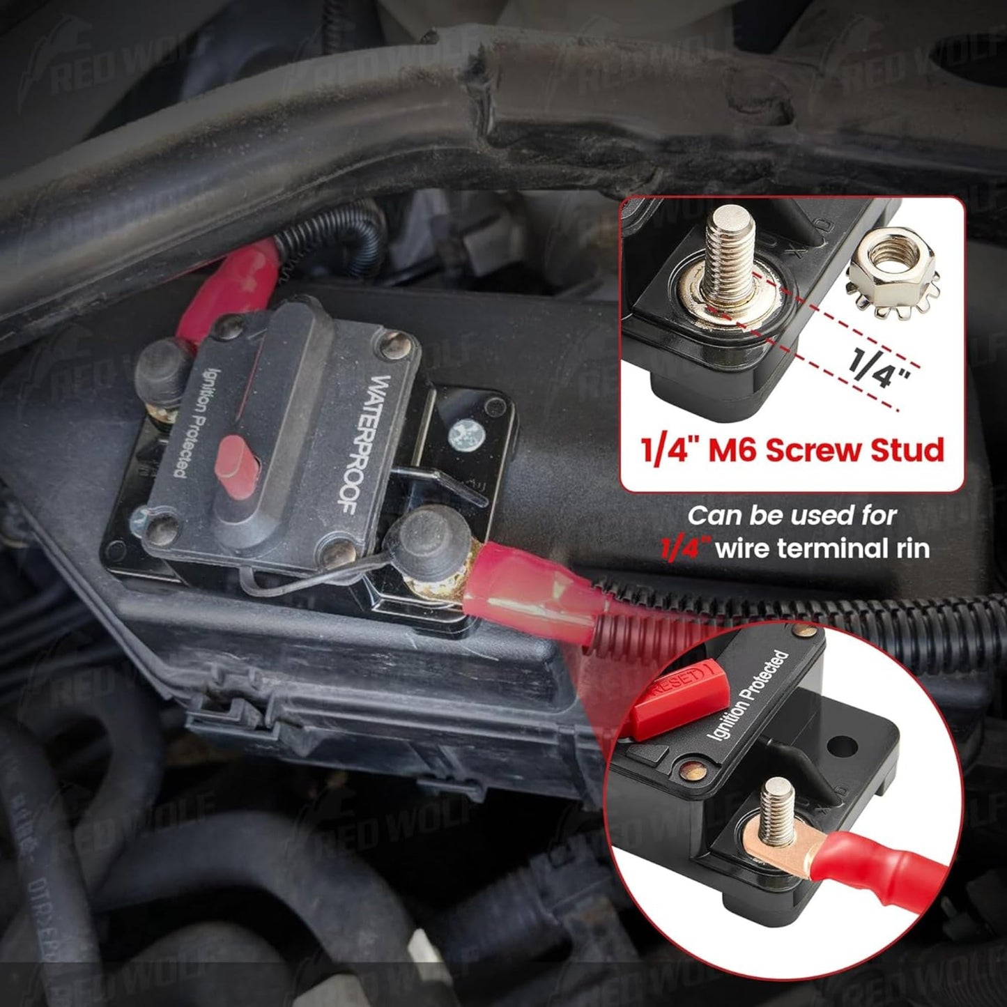 RED WOLF Car Circuit Breaker 30A AMP w/Manual Reset Switch Inline Fuse Holder Inverter 12V-48V DC for Motor Trolling Vehicles Audio Radio Solar System Protection with Wire Lugs Copper Washer Screws