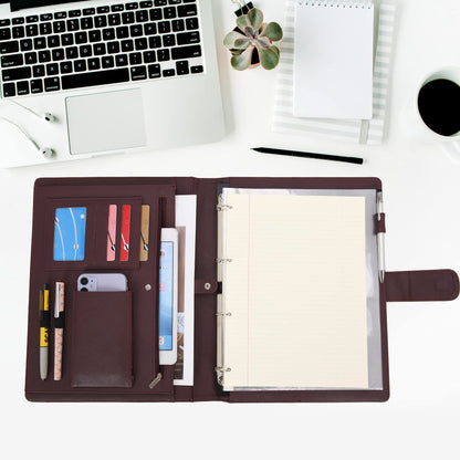 Wonderpool A4 Leather 4 Ring Holder Writing Portfolio Multi Document Case with Removable Binder Clipboard and Functional Pocket for Organizer Office Travel School (Brown)