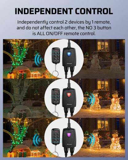 DEWENWILS Outdoor Wireless Remote Control Outlet, 2 Independent Control Sockets Weatherproof Electrical Remote Control Switch, 15A Heavy Duty with 2 Remote, 7 Inch Cord, 100 FT Range