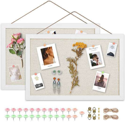 AKTOP 2-Pack Cork Bulletin Board 16x11 Inch, Small Framed Corkboard With Linen for Wall, Hanging Pin Picture Board for Home Office Decor, Cute Vision Board With 25 Pushpins (Vintage White)