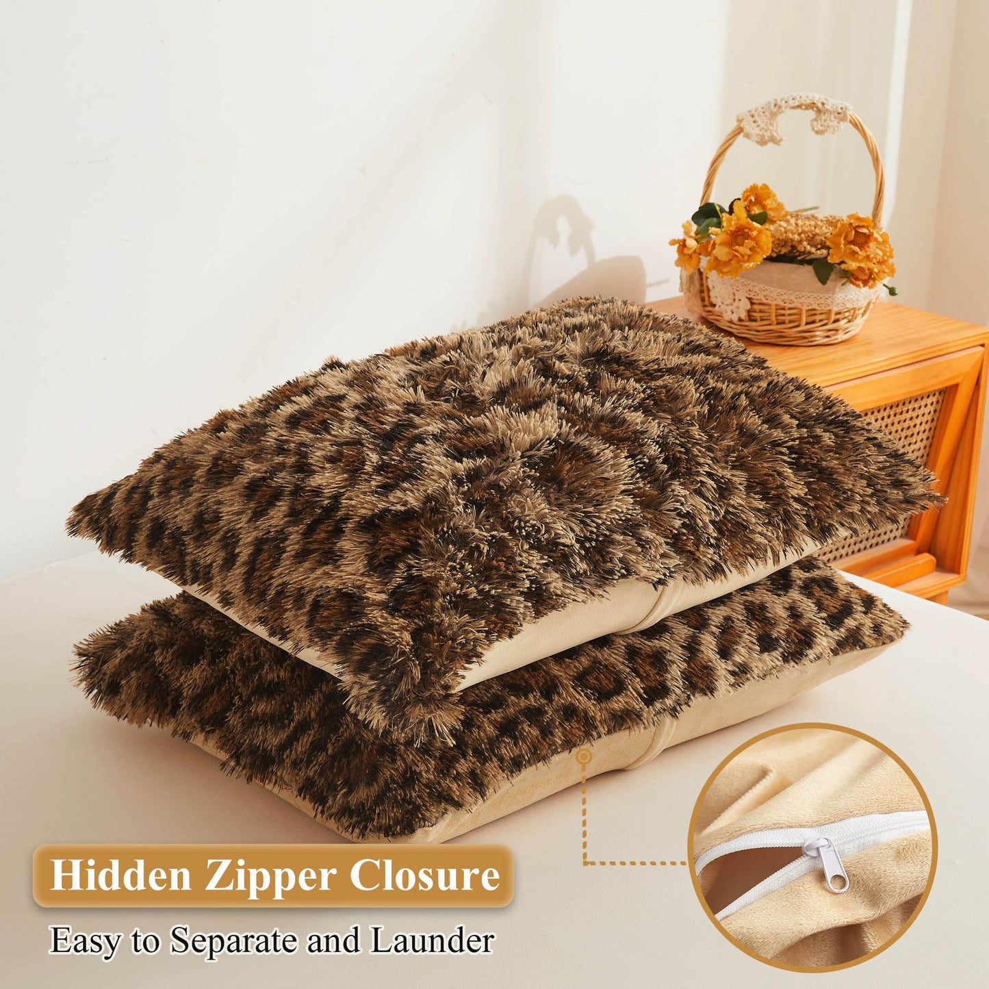 XeGe Cheetah Print Faux Fur Fluffy Pillowcases, Plush Shaggy Soft Long Pillow Covers, Fuzzy Decorative Leopard Print Pillow Cases, Furry Pillow Shams for Bed Couch Zipper, Set of 2(Standard, Brown)
