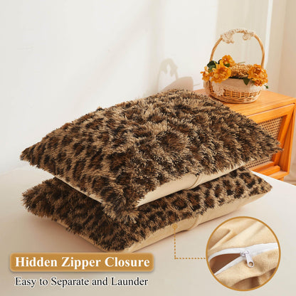 XeGe Cheetah Print Faux Fur Fluffy Pillowcases, Plush Shaggy Soft Long Pillow Covers, Fuzzy Decorative Leopard Print Pillow Cases, Furry Pillow Shams for Bed Couch Zipper, Set of 2(Standard, Brown)