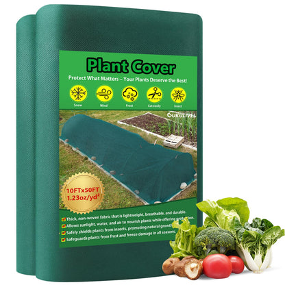 Plant Covers Freeze Protection, 10x50ft Green Frost Blanket for Winter, 1.23 oz/yd² Fabric, Premium Frost Protection Cover, Breathable Garden Row Covers for Outdoor Plants