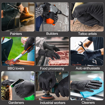 ANBOSON 10 Mil Black Nitrile Disposable Gloves, Mechanic, Safety Work Gloves, Latex & Powder Free, Fully Diamond Textured (Black of 100, Large)