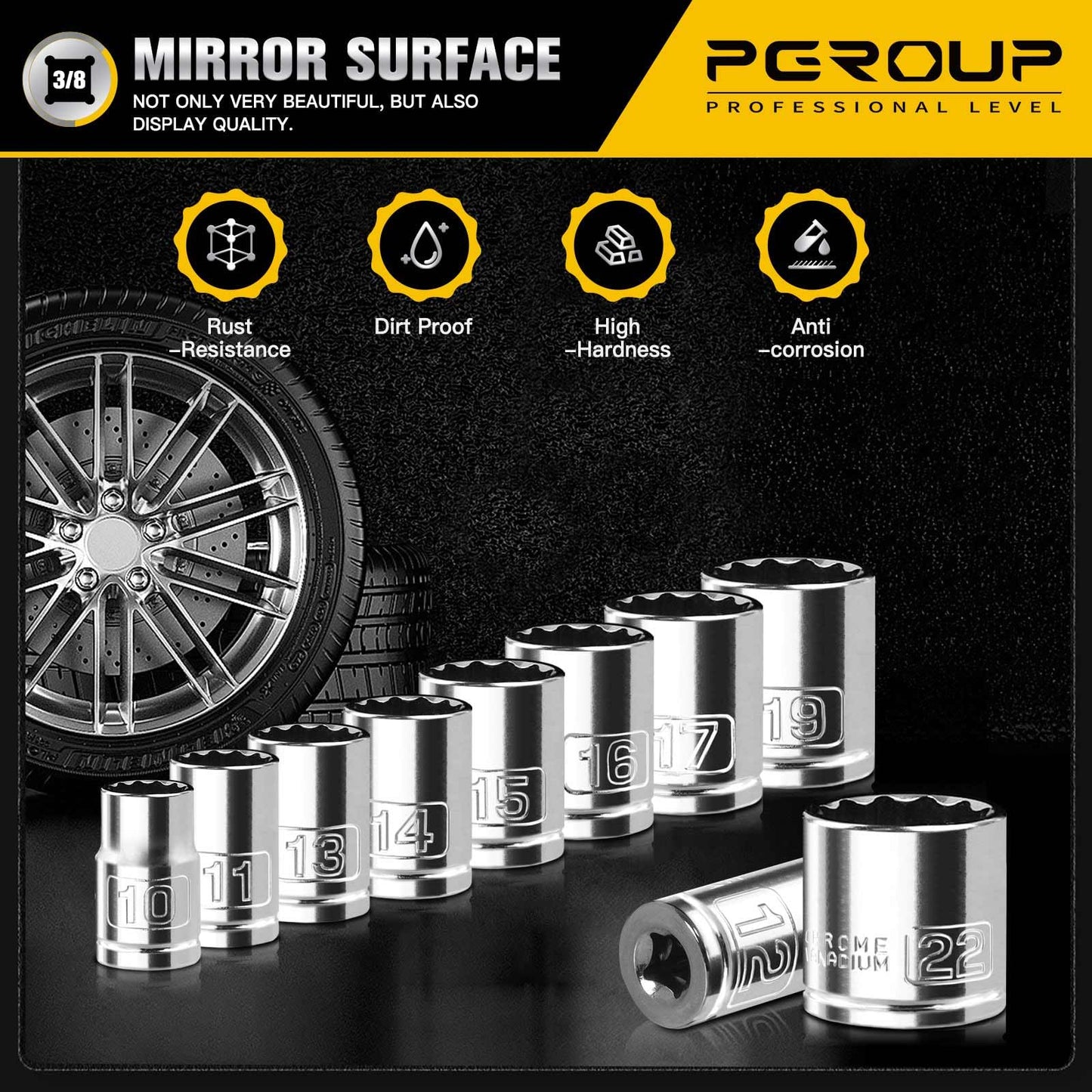 3/8 Inch Drive Socket Set - 10 Piece Metric 12-Point Shallow Socket Set (10mm, 11mm, 12mm, 13mm, 14mm, 15mm, 16mm, 17mm, 19mm, 22mm), Chrome Vanadium Steel