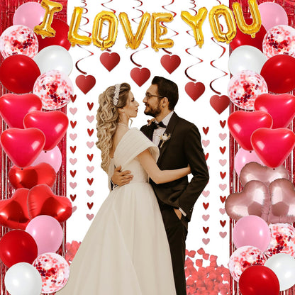 72 Pcs Valentines Day Decor Kit, Happy Anniversary Decorations - Balloon Set, 1000 Pcs Dark-Red Rose Petals, "I LOVE YOU" banner, Multi Decors For Romantic Decorations Special Night