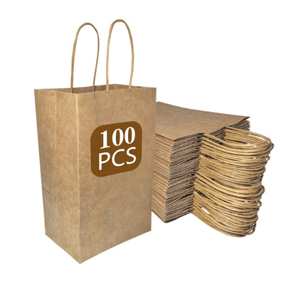 WUTONGPATH 100-Packs Brown Paper with Handles Bulk，5.91 x 3.15 x 8.27 inches(15x8x21cm)，Paper Gift Bags，Retail Bags，Shopping Bags，Party Favor Bags