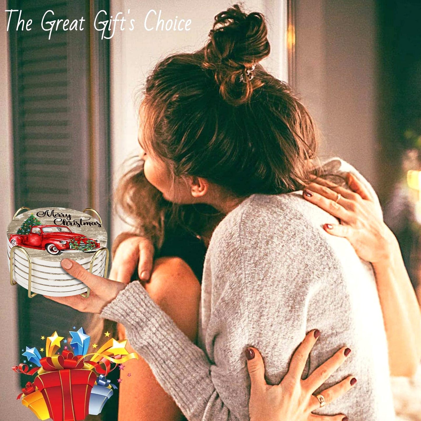 6 Pcs Red Truck Christmas Coasters with Holder Best Absorbent Ceramic Coasters Set Round Vintage Drink Christmas Coasters Gift Xmas Holiday Coffee Cup Coasters Cool Cup Coaster Table Coasters