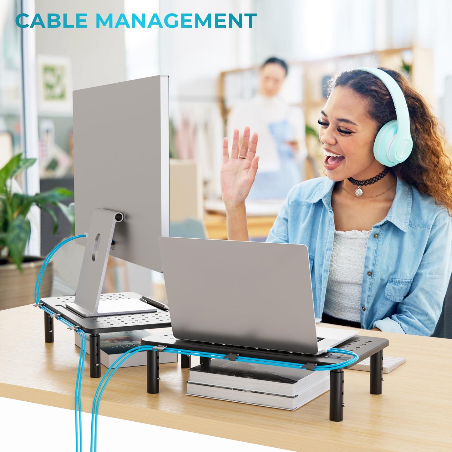 BONTEC 2 Pack Monitor Stand Riser, 3 Height Adjustable Monitor Stand for Desk, Computer Monitor Riser Stand with Mesh Platform for Laptop, Computer, iMac, PC (Black, 2 Pack Normal)